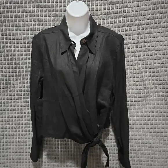 Black Linen Crop Wrap Top Sz6 S/M Y2K 90s Corp Boho Chic Button Grunge Punk Rock - Picture 8 of 13